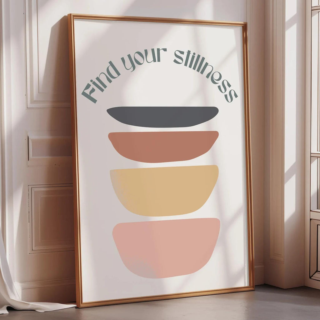 a framed poster with a minimalist design, featuring a series of abstract shapes in various colors.