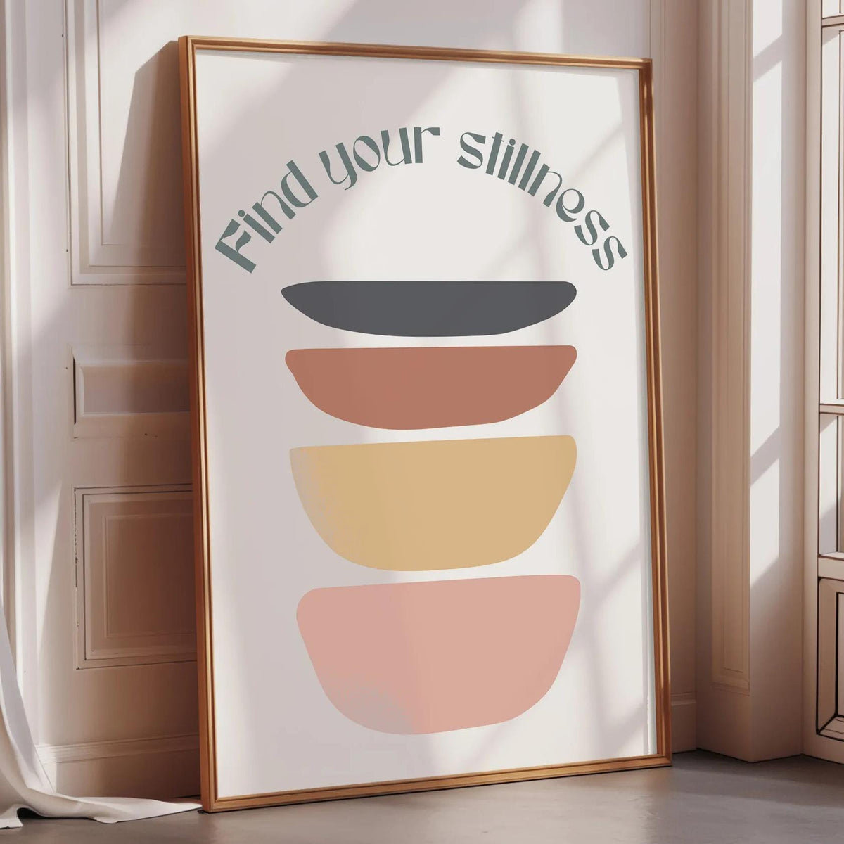 a framed poster with a minimalist design, featuring a series of abstract shapes in various colors.