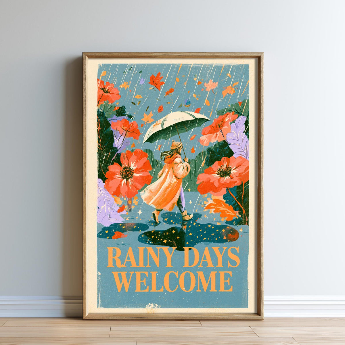 The image is a framed poster with a woman holding an umbrella and walking through a garden filled with colorful flowers. The text on the poster says "RAINY DAYS WELCOME".