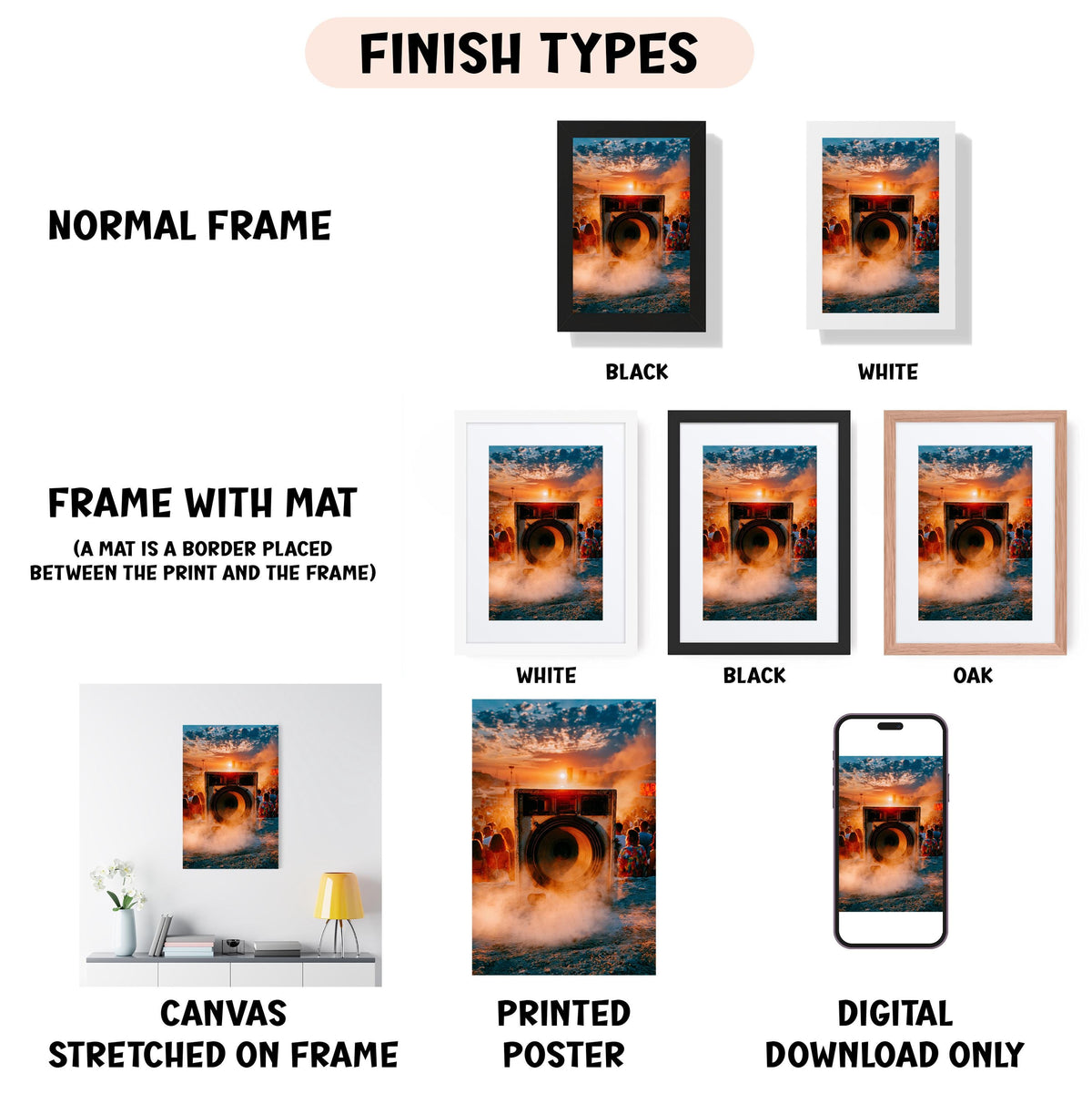 various types of artwork, including a normal frame, a frame with a mat, a white frame, a black frame, an oak frame, a white canvas stretched on a frame, a printed poster, and a digital download only.