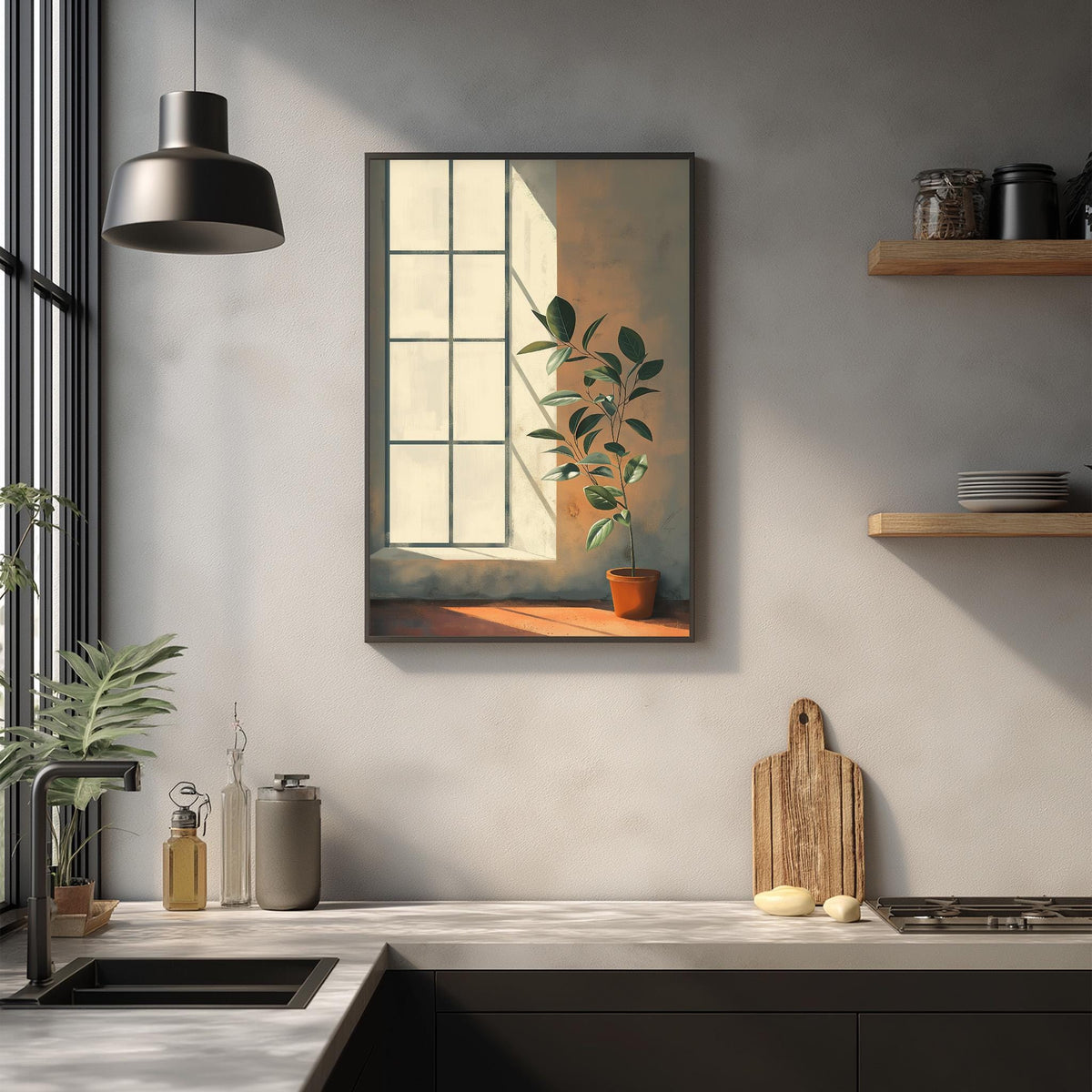 a serene kitchen scene with a potted plant on a windowsill, a wooden cutting board, and various kitchen accessories on the countertop.