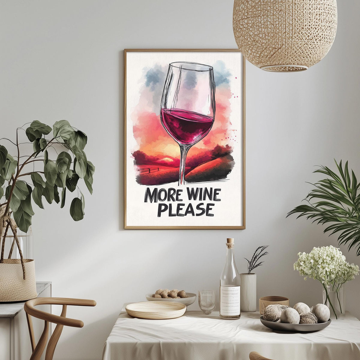 a framed poster with a wine glass and the text "MORE WINE PLEASE" hanging on a wall.