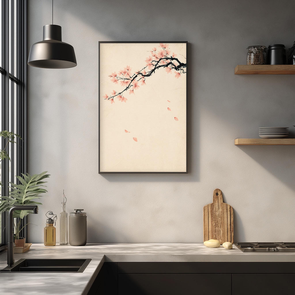 a minimalist kitchen design with a large framed picture of a cherry blossom tree hanging on the wall above a wooden cutting board and a sink.