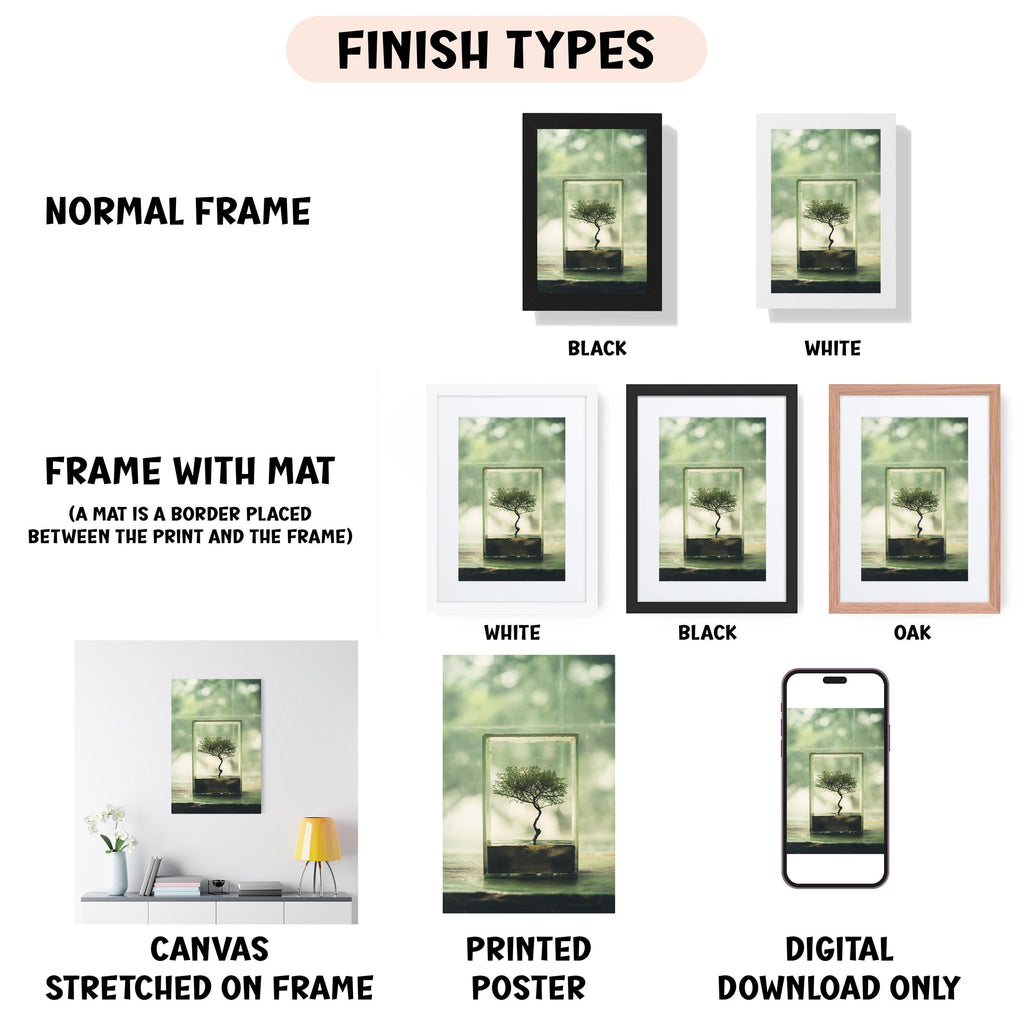 various types of artwork, including a normal frame, a frame with a mat, a white frame, a black frame, a white frame, a black frame, an oak frame, a canvas stretched on a frame, a printed poster, and a digital download only.