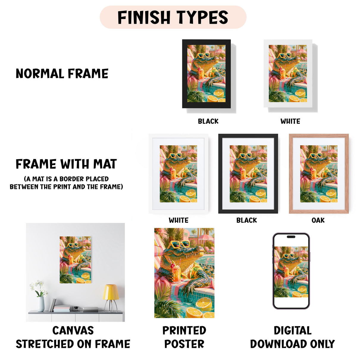 various types of artwork, including a canvas stretched on a frame, a framed poster, and a digital poster. The artwork is presented in different frame colors, such as black, white, and orange. The text indicates that the artwork is a finished type, and it is available in different frame colors, including a mat placed between the print and the frame. The artwork is described as a canvas stretched on a frame, a printed poster, and a digital download only.