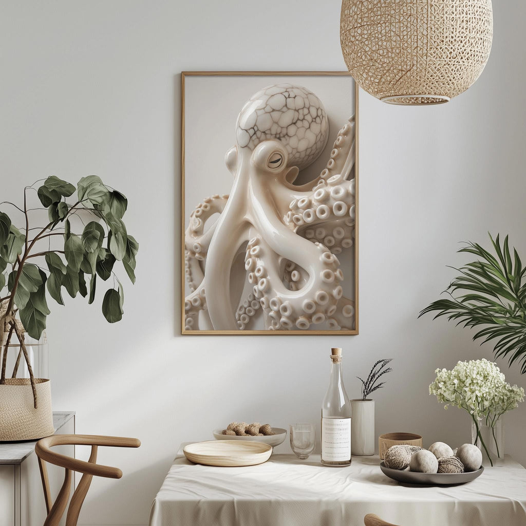 a dining table with a bowl of fruit, a bottle, and a vase of flowers, along with a framed picture of an octopus on the wall.