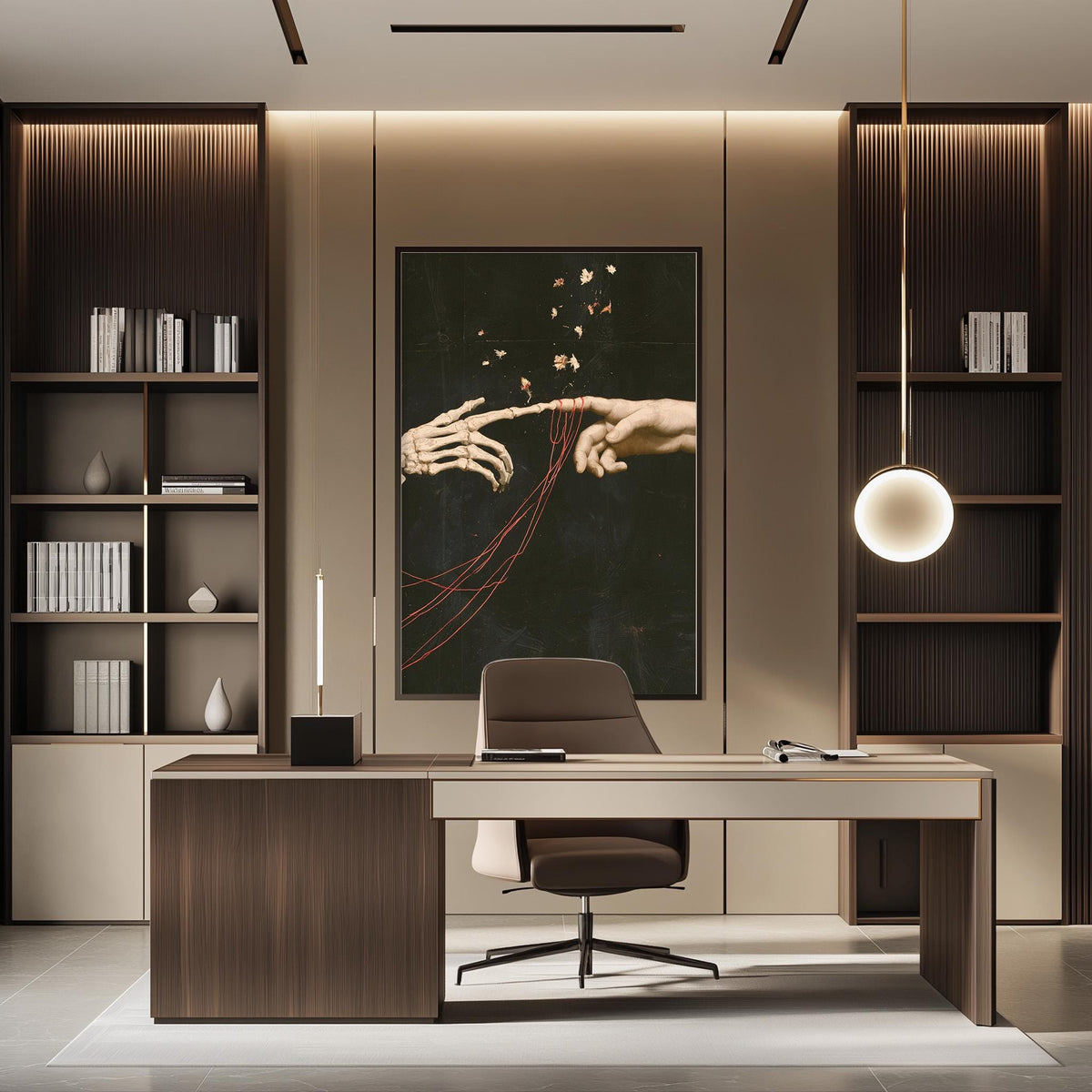 a modern and minimalist office space with a large abstract painting on the wall, a wooden desk with a chair, and built-in bookshelves.