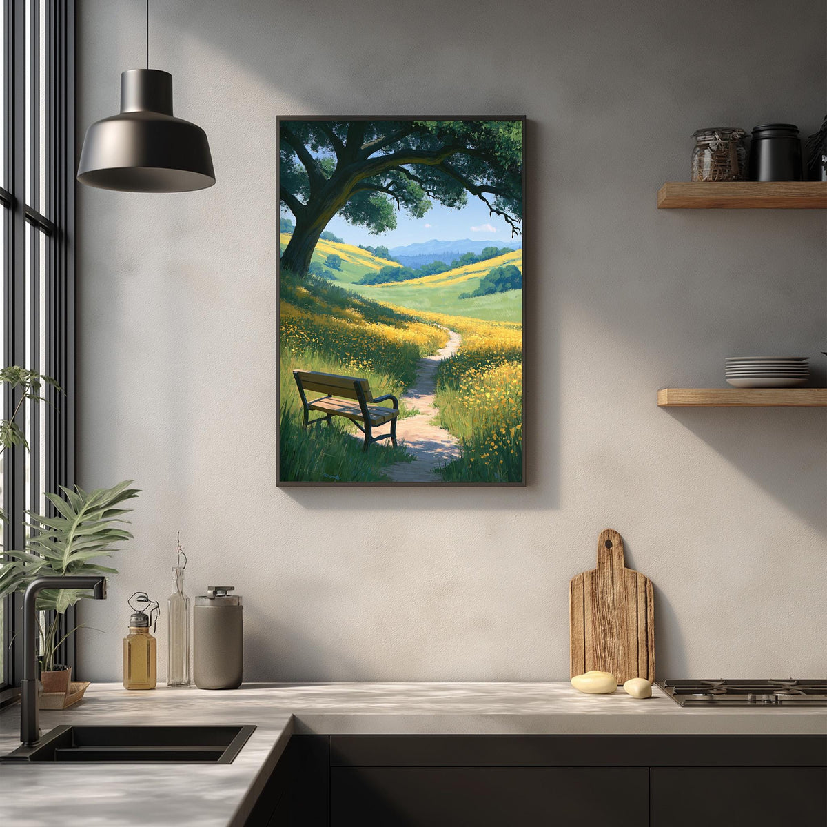 a serene scene of a bench situated in a lush green field, with a winding path leading up to it. The bench is surrounded by an abundance of greenery, including trees and grass, creating a peaceful and tranquil atmosphere. The image is framed and hung on a wall, adding a touch of nature and beauty to the room.