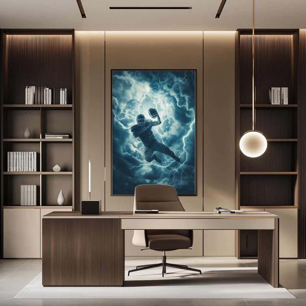 a modern office space with a large framed artwork of a person in mid-air, surrounded by a stormy, lightning-filled background. The office features a desk with a chair, bookshelves, and a pendant light, creating a professional and stylish atmosphere.