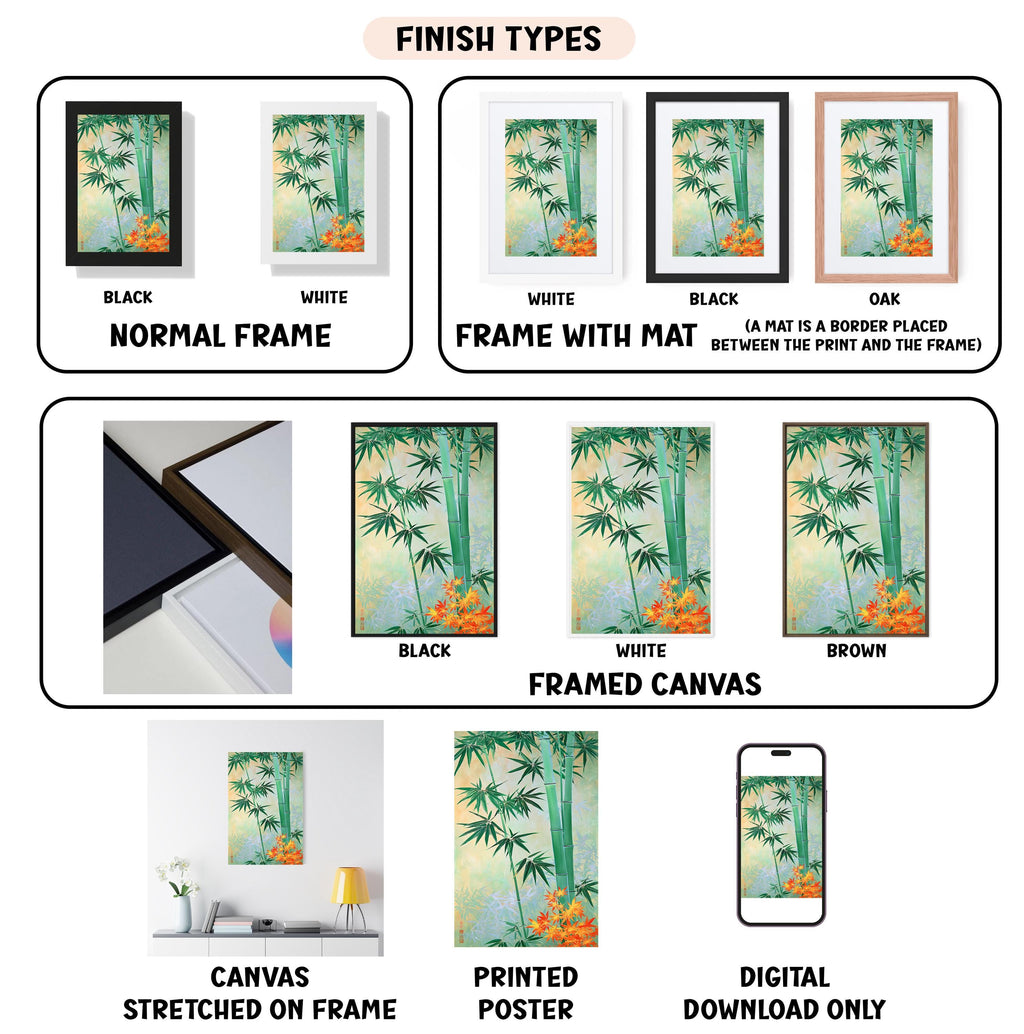 various types of framed artwork, including paintings and photographs, with different finishes and mat colors. It also includes information about the finishes and mat colors for each artwork.