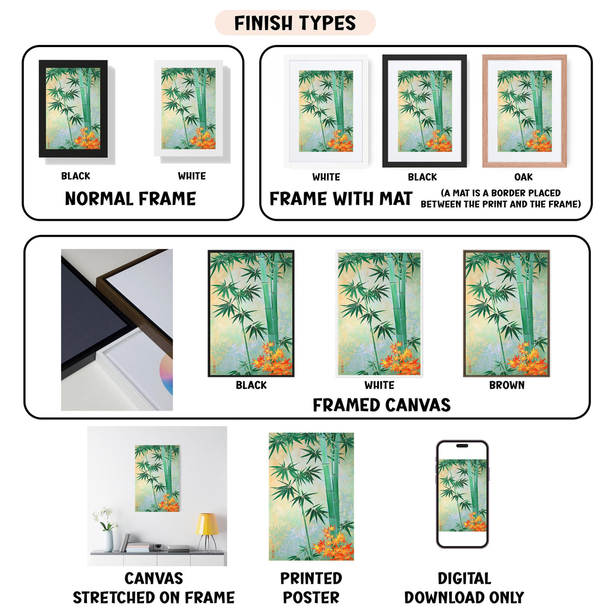 various types of framed artwork, including paintings and photographs, with different finishes and mat colors. It also includes information about the finishes and mat colors for each artwork.
