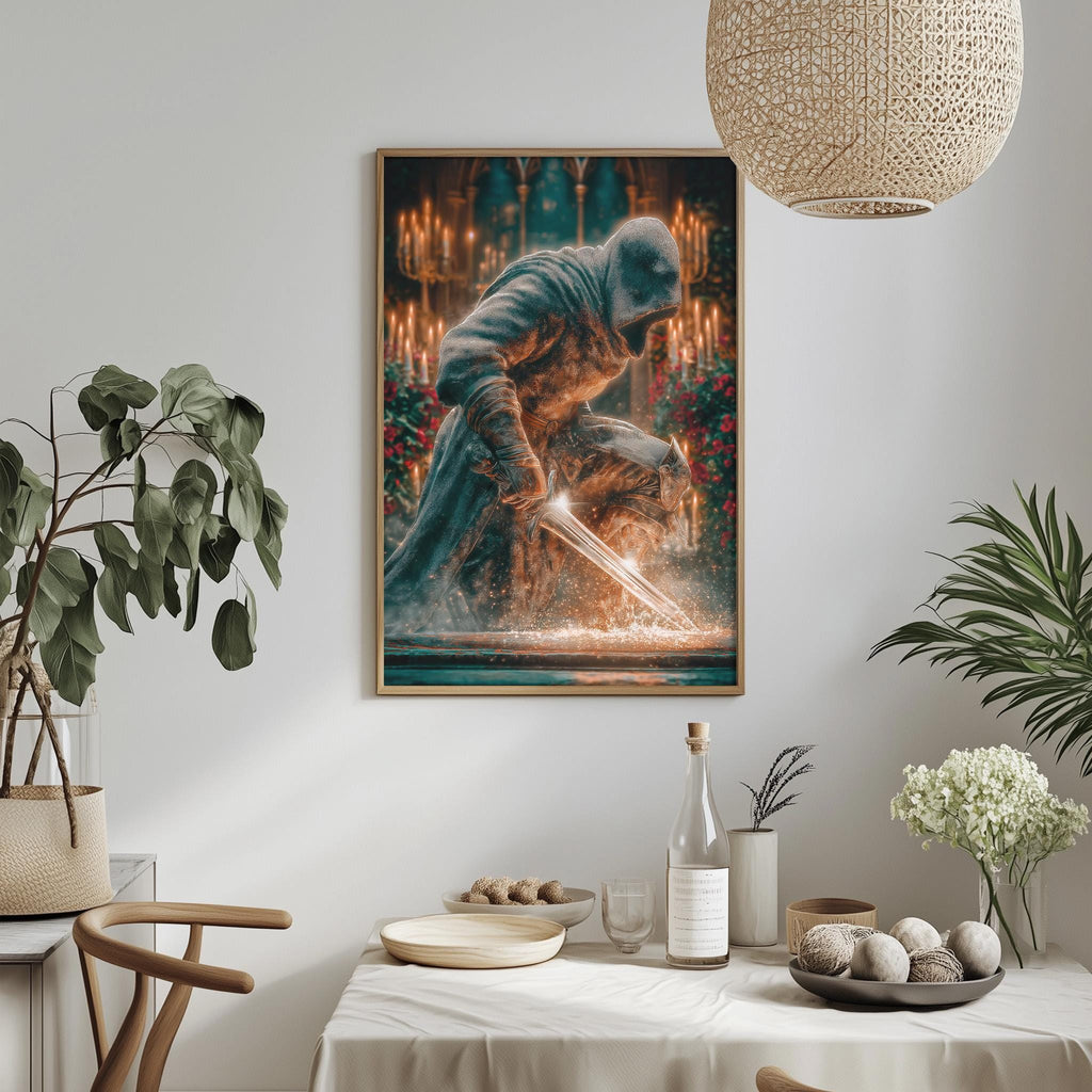 a framed painting of a knight wielding a sword, set against a backdrop of a castle or palace. The painting is hung on a wall above a dining table, which is adorned with various decorative items such as potted plants, vases, and bowls.