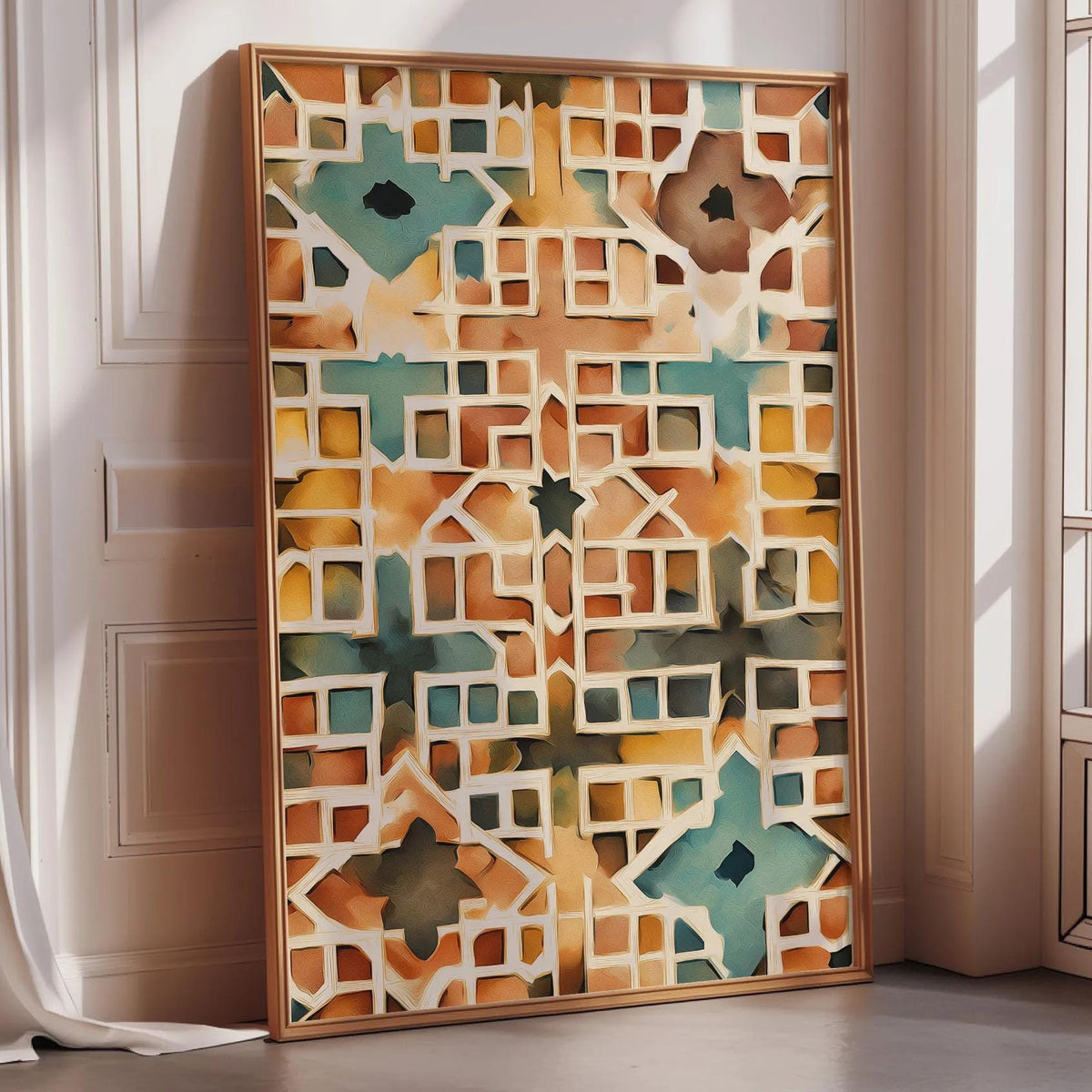 a large, colorful abstract painting displayed on a wall in a room with a window.