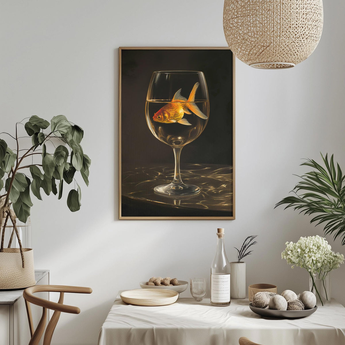 a goldfish swimming in a wine glass, which is placed on a table with various decorative items such as a potted plant, a vase, and a bowl of fruit.