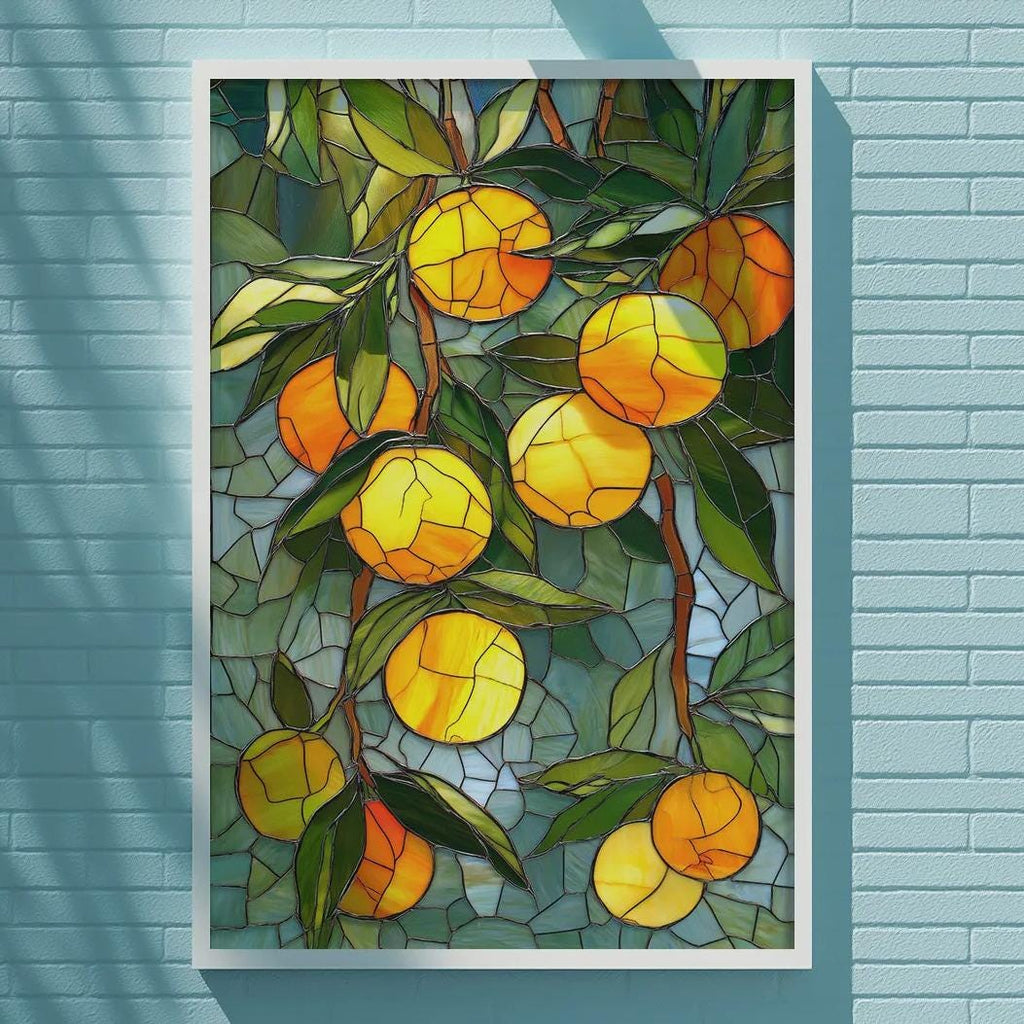 a vibrant stained glass artwork depicting a lush scene of orange trees, hanging on a blue wall.