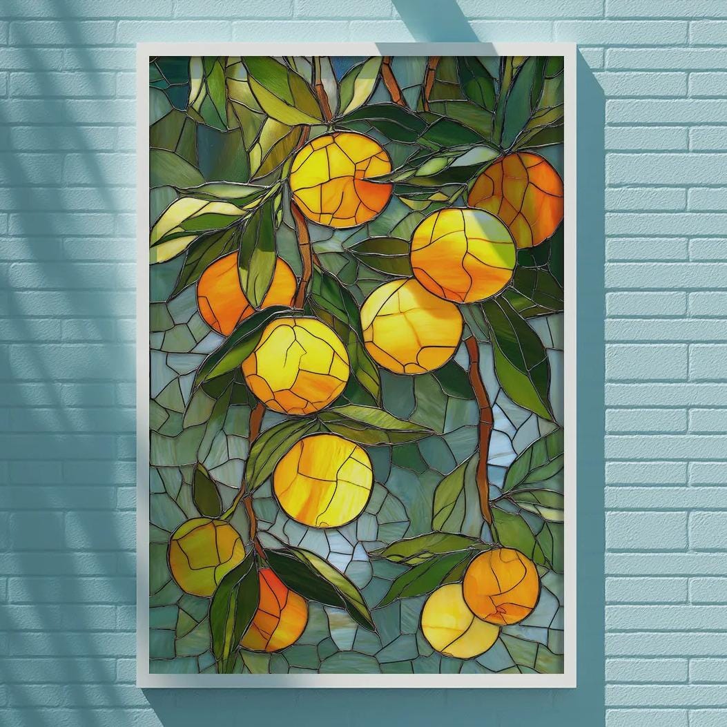 a vibrant stained glass artwork depicting a lush scene of orange trees, hanging on a blue wall.