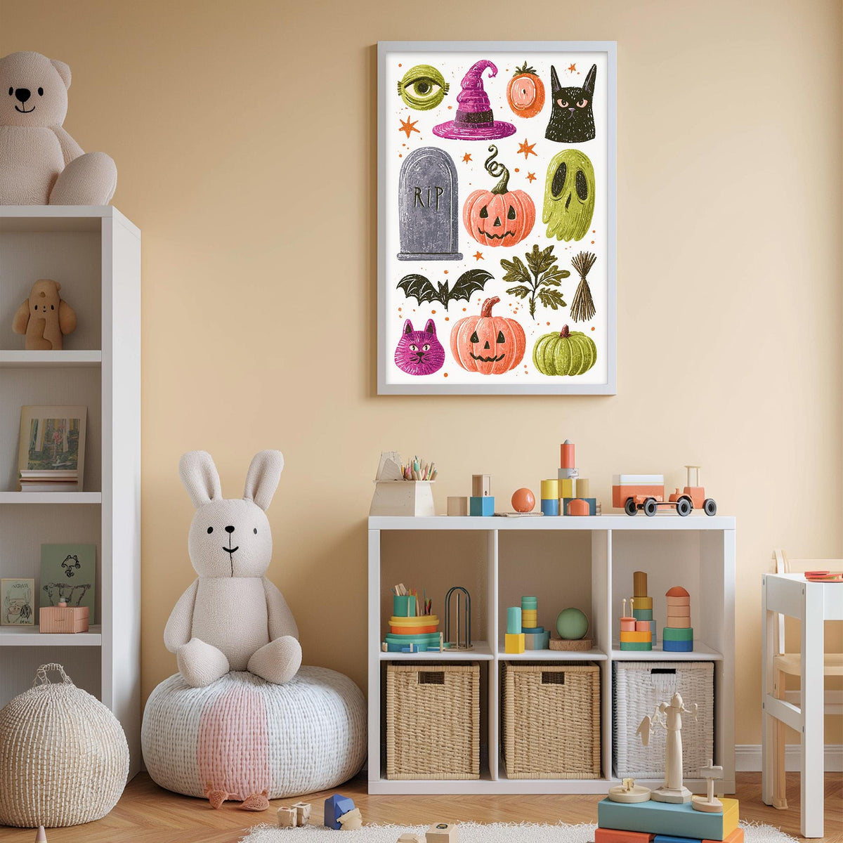 A cozy and colorful children's bedroom with a white bookshelf, a plush bunny, and a toy train. The walls are painted a light peach color, and the room is decorated with various Halloween-themed items, including pumpkins, bats, and a witch's hat.