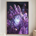 a large, vibrant painting of purple crystals hanging on a wall in a living room.