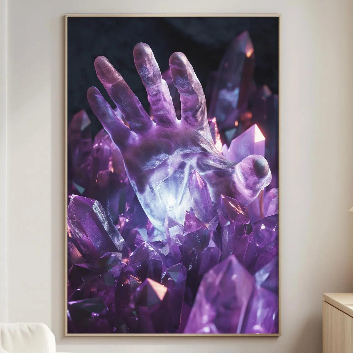 a large, vibrant painting of purple crystals hanging on a wall in a living room.