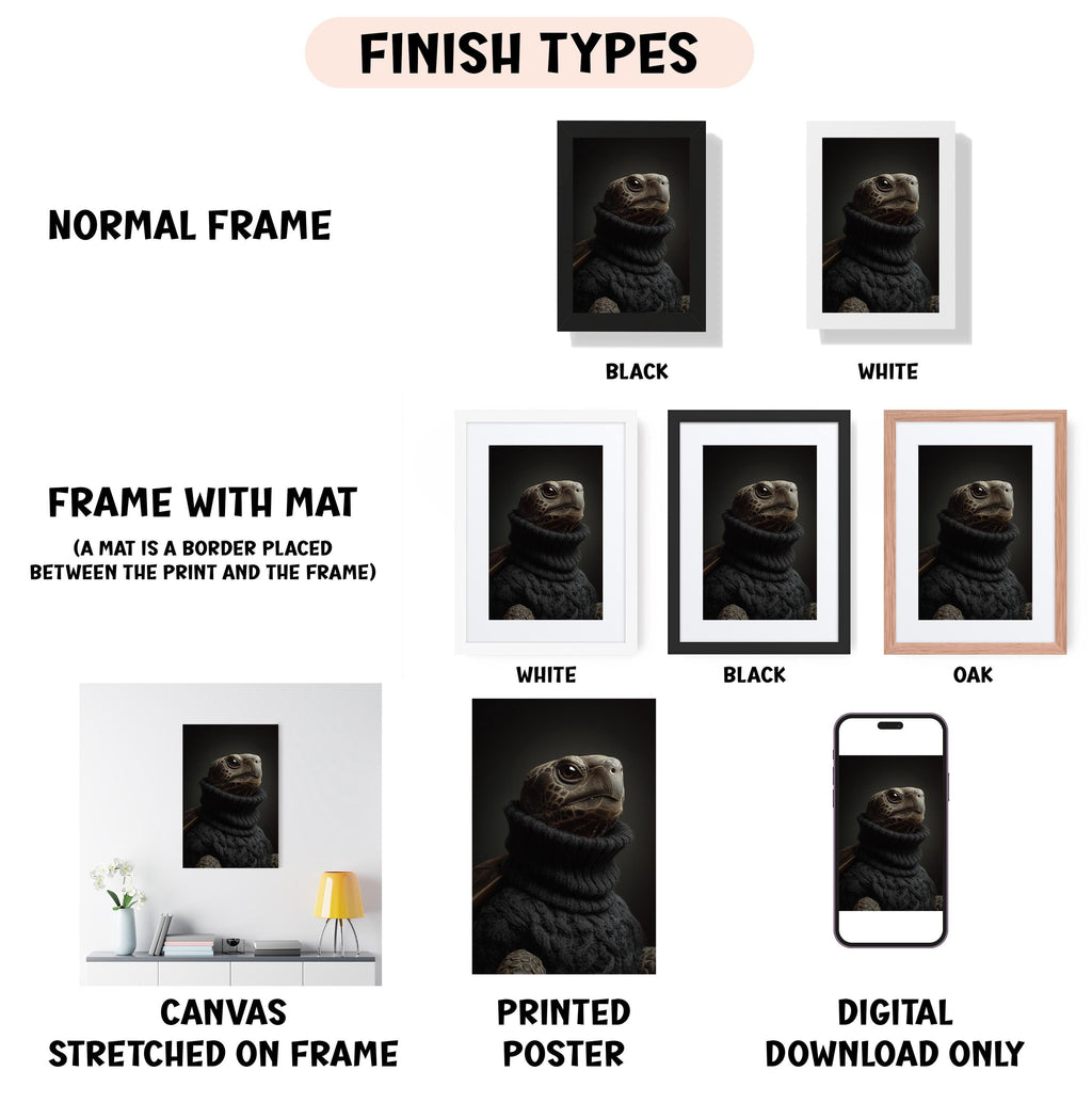 various types of artwork, including a canvas stretched on a frame, a framed photograph, and a digital poster. The artwork is presented in different frame colors and styles, such as a normal frame, a black frame, a white frame, and an oak frame. The artwork is described as a canvas stretched on a frame, a framed photograph, and a digital poster, and it is presented in different frame colors and styles, such as a white frame, a black frame, and an oak frame.