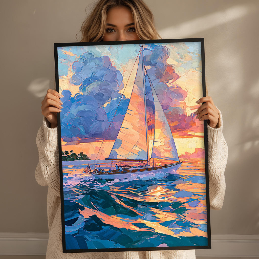 A woman holds up a framed painting of a sailboat on the ocean at sunset, with vibrant colors and a serene atmosphere.