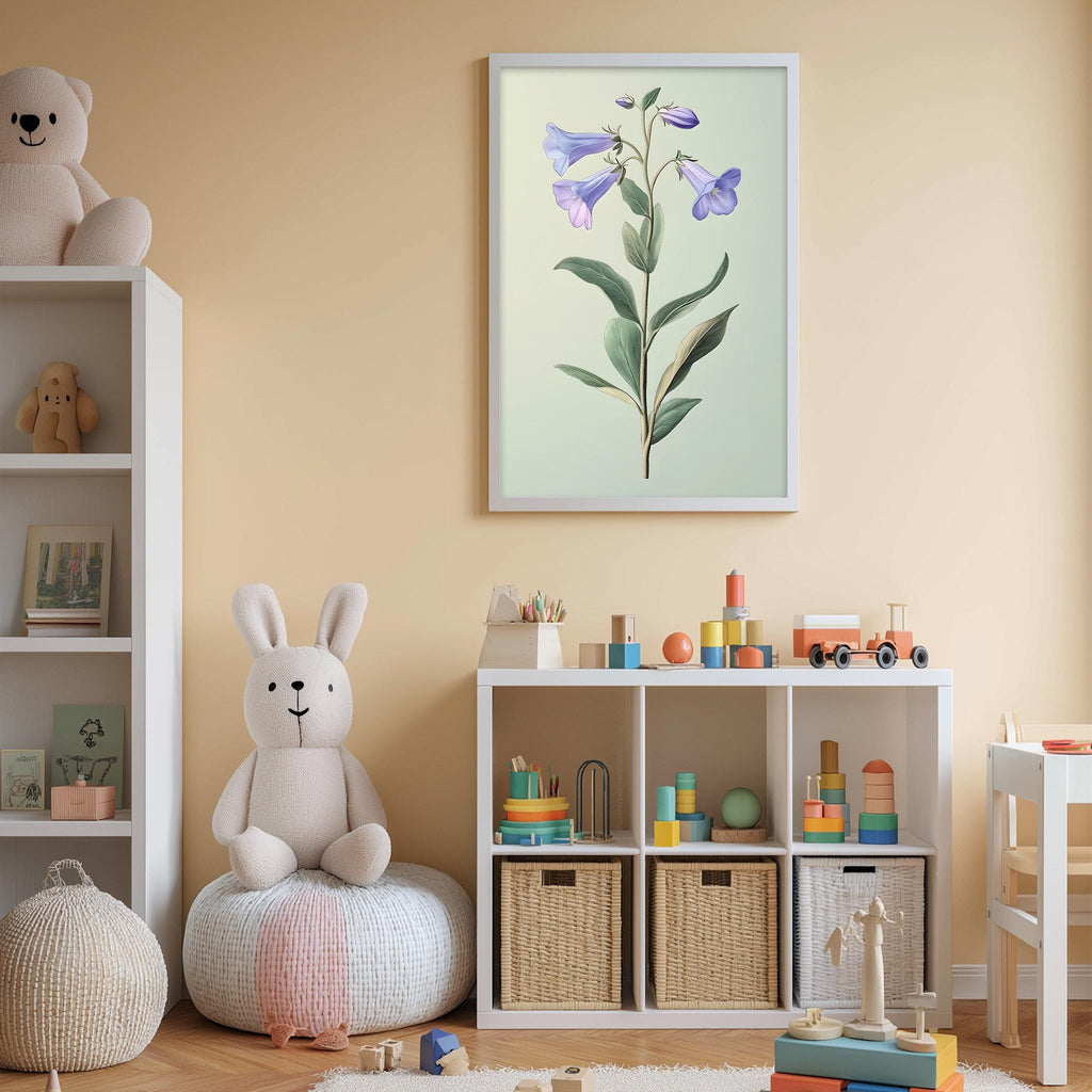 A cozy and colorful children's bedroom with a white bookshelf, a plush rabbit, and a framed flower painting on the wall.
