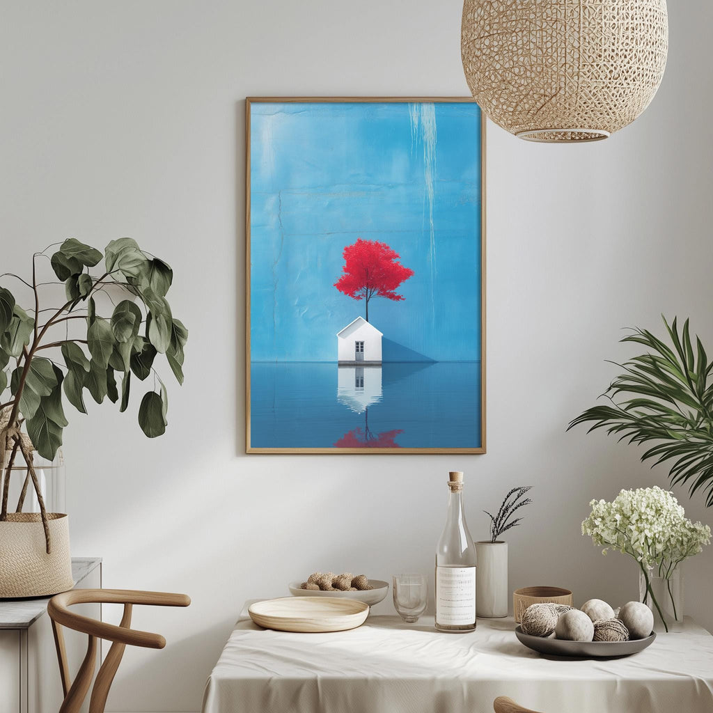 a minimalist dining room with a white tablecloth, a framed painting of a house with a red tree in the background, and various decorative elements such as potted plants and vases.