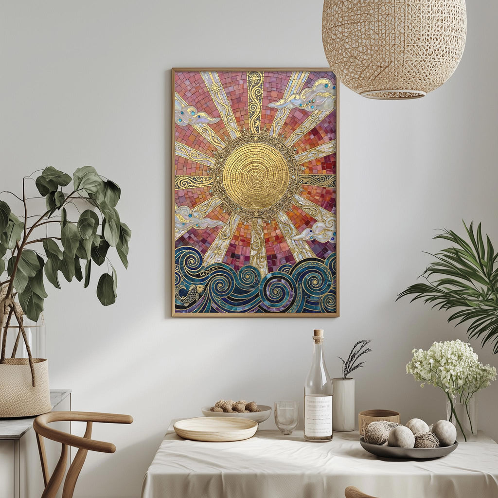 a dining table with a white tablecloth, a bowl of fruit, a bottle, and a vase with flowers. Above the table, there is a framed picture of a sun with a mosaic design.