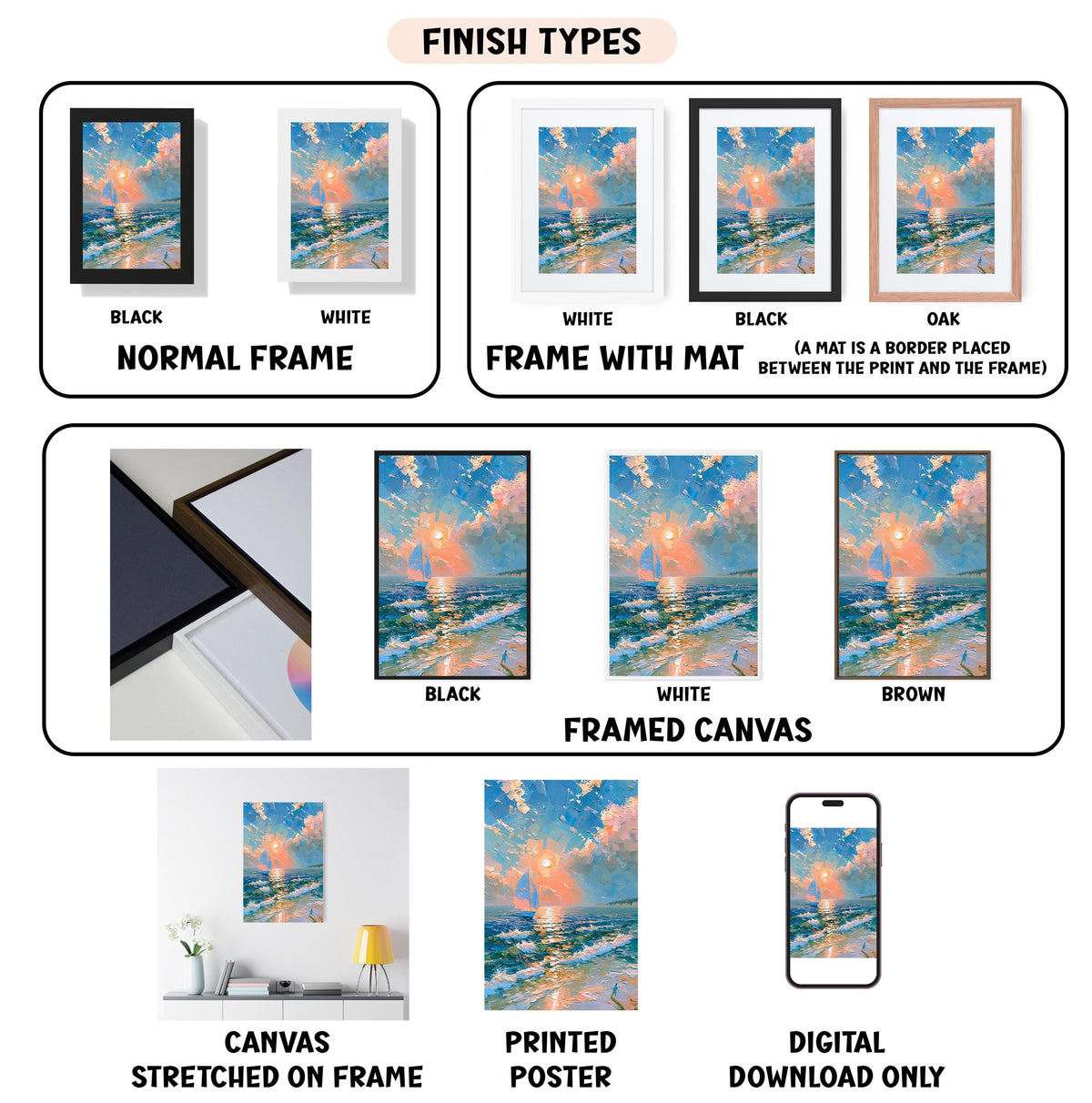 various types of artwork, including paintings, framed prints, and digital art, each with different finishes and frame styles.