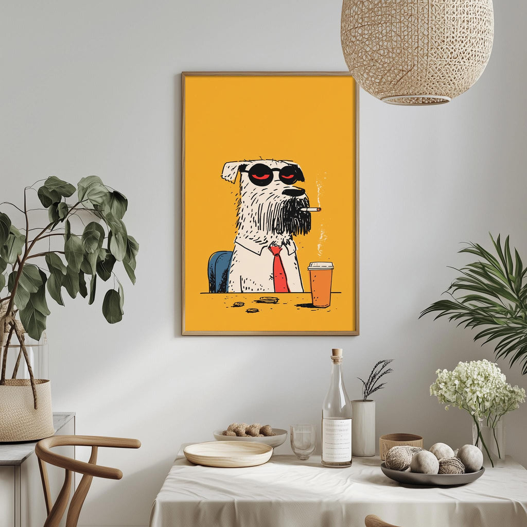 a framed illustration of a dog wearing sunglasses and a tie, sitting at a table with a drink in a glass.