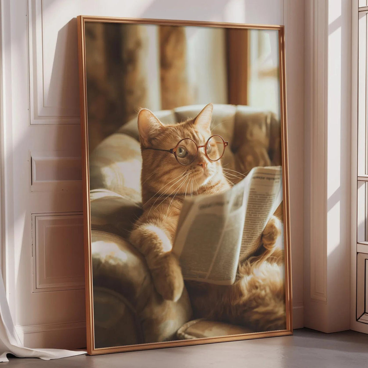 A large framed picture of an orange cat sitting on a couch and reading a newspaper.