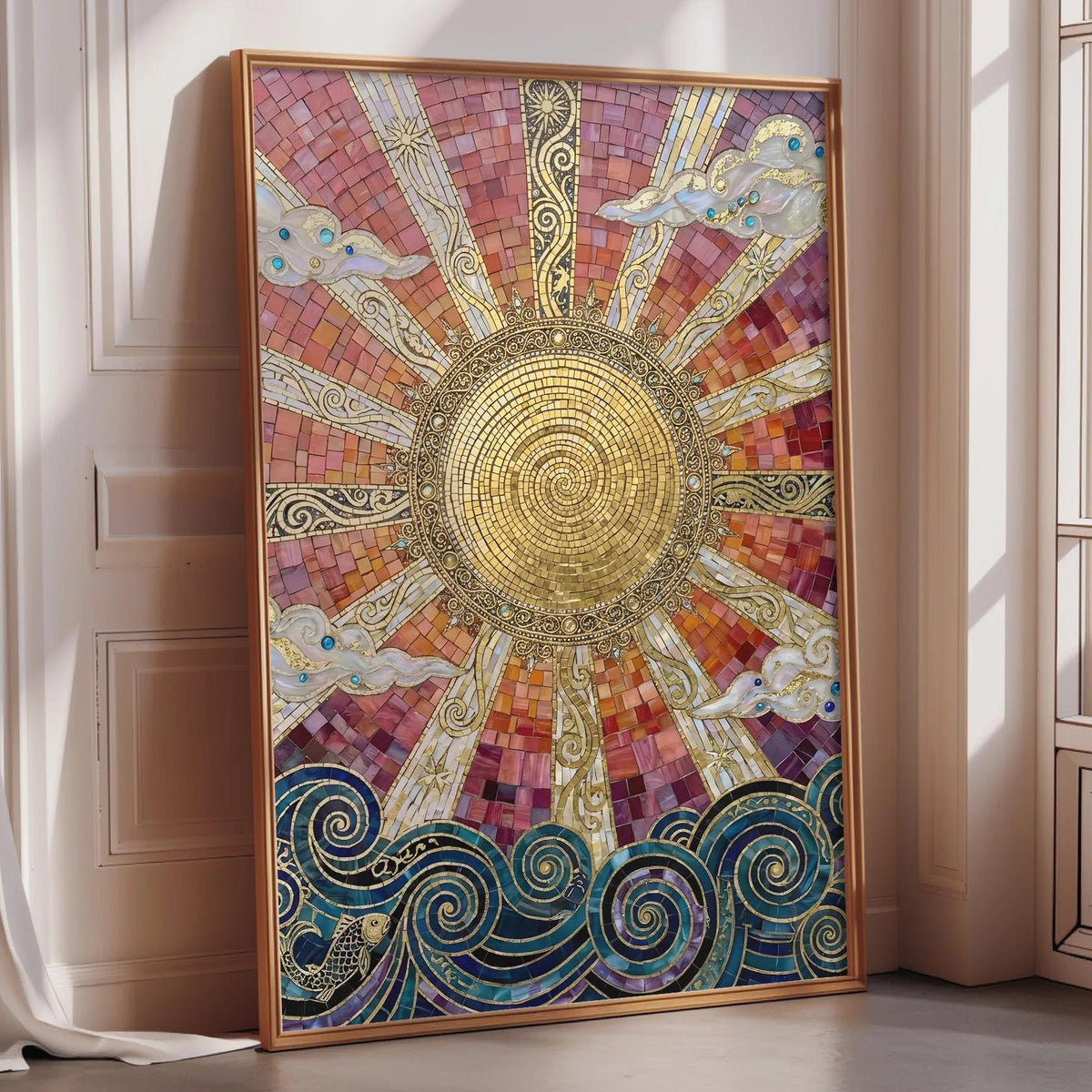 a large, colorful, and intricate mosaic artwork depicting a sun with swirling patterns and designs.