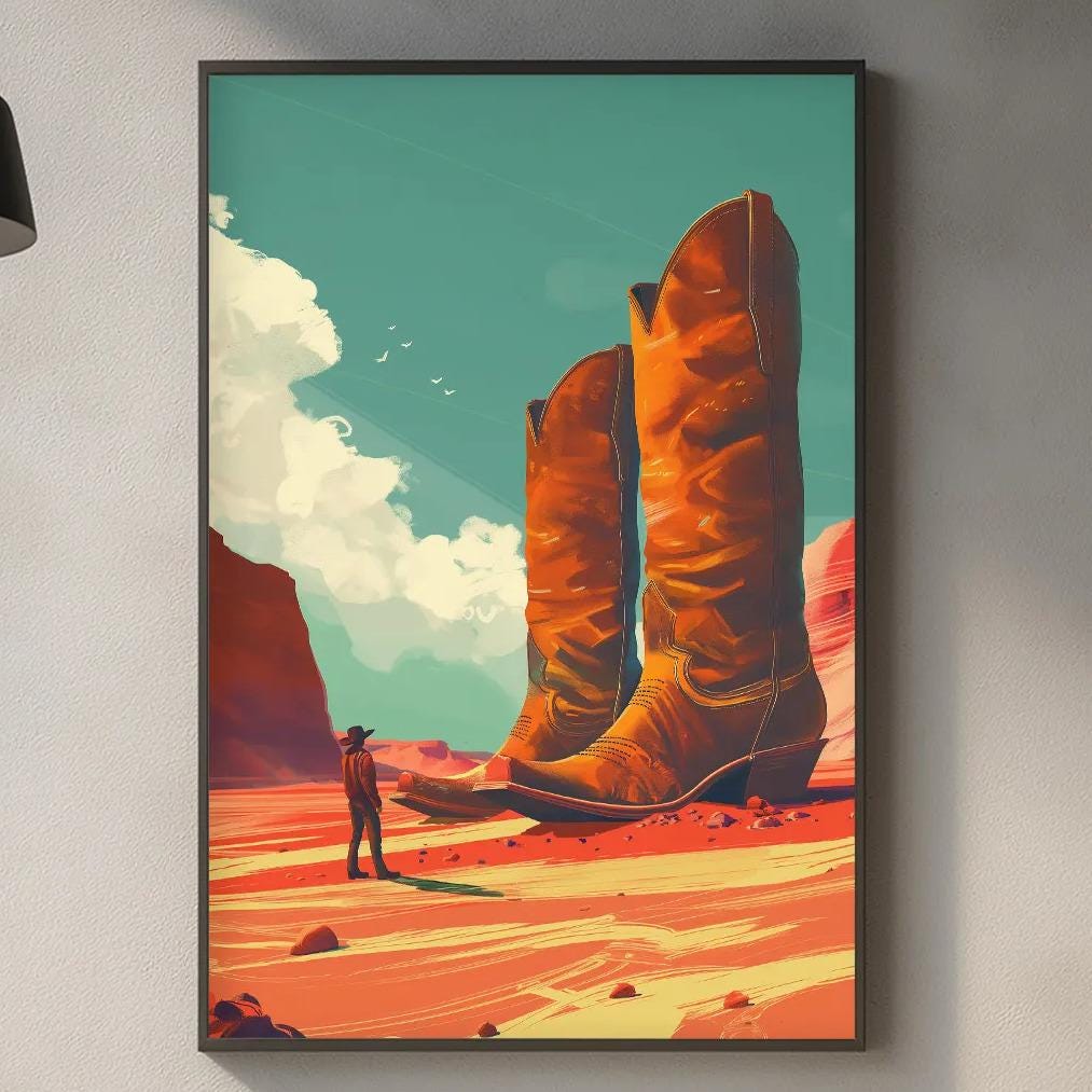 a framed artwork depicting a desert scene with two large boots in the foreground, set against a blue sky with clouds. The artwork is hung on a wall above a kitchen counter with various kitchen items such as a cutting board, a bottle, and a vase.