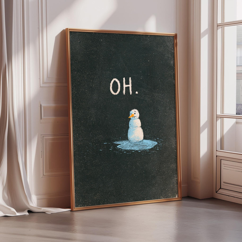 a framed artwork depicting a snowman with the word "OH" written above it.
