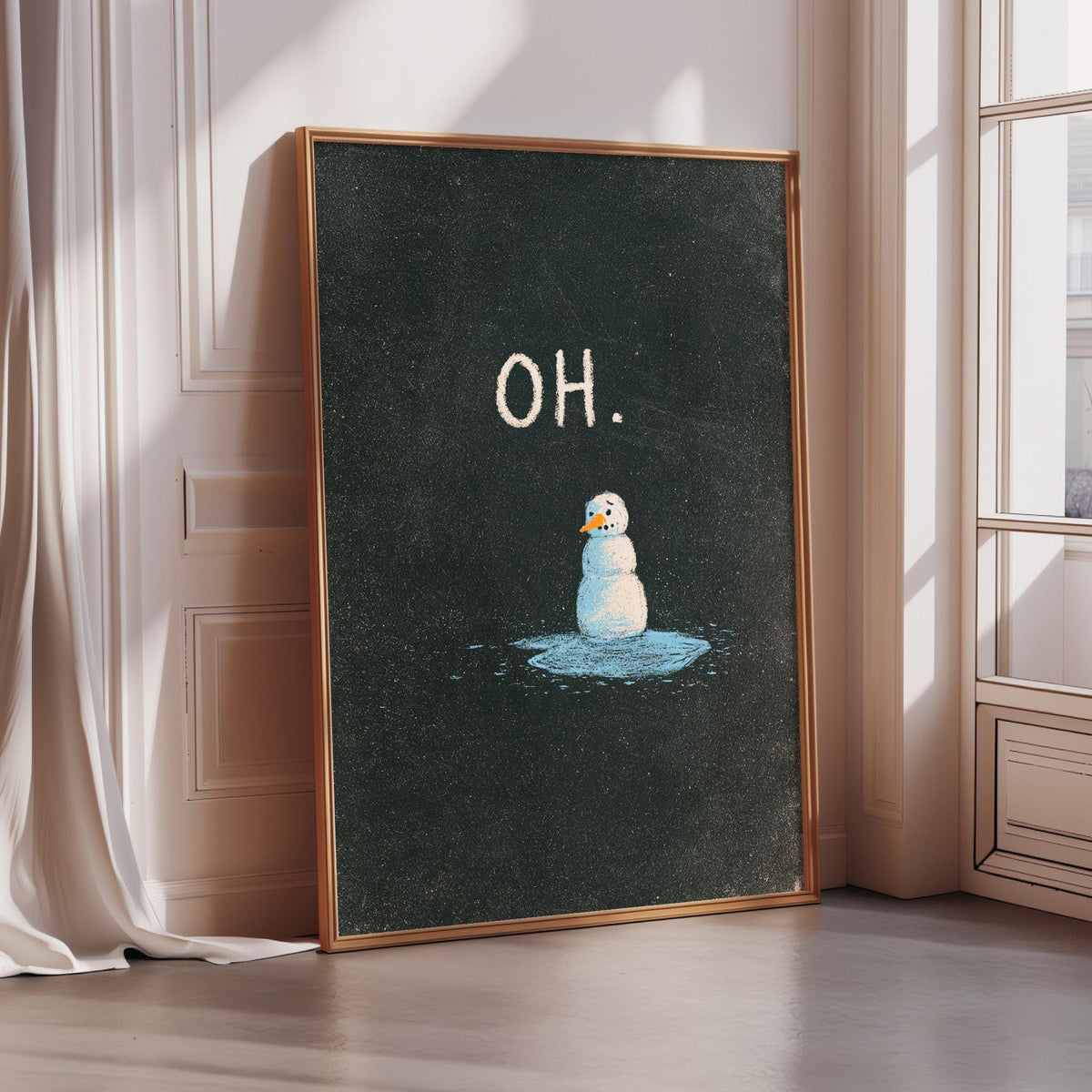 a framed artwork depicting a snowman with the word "OH" written above it.