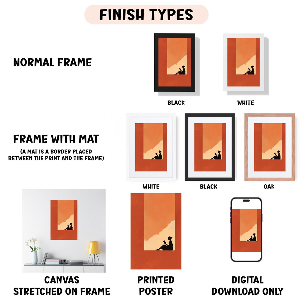 various finish types for artwork, including a normal frame, a frame with a mat, a white frame, a black frame, an oak frame, a white canvas stretched on a frame, a printed poster, and a digital download only.