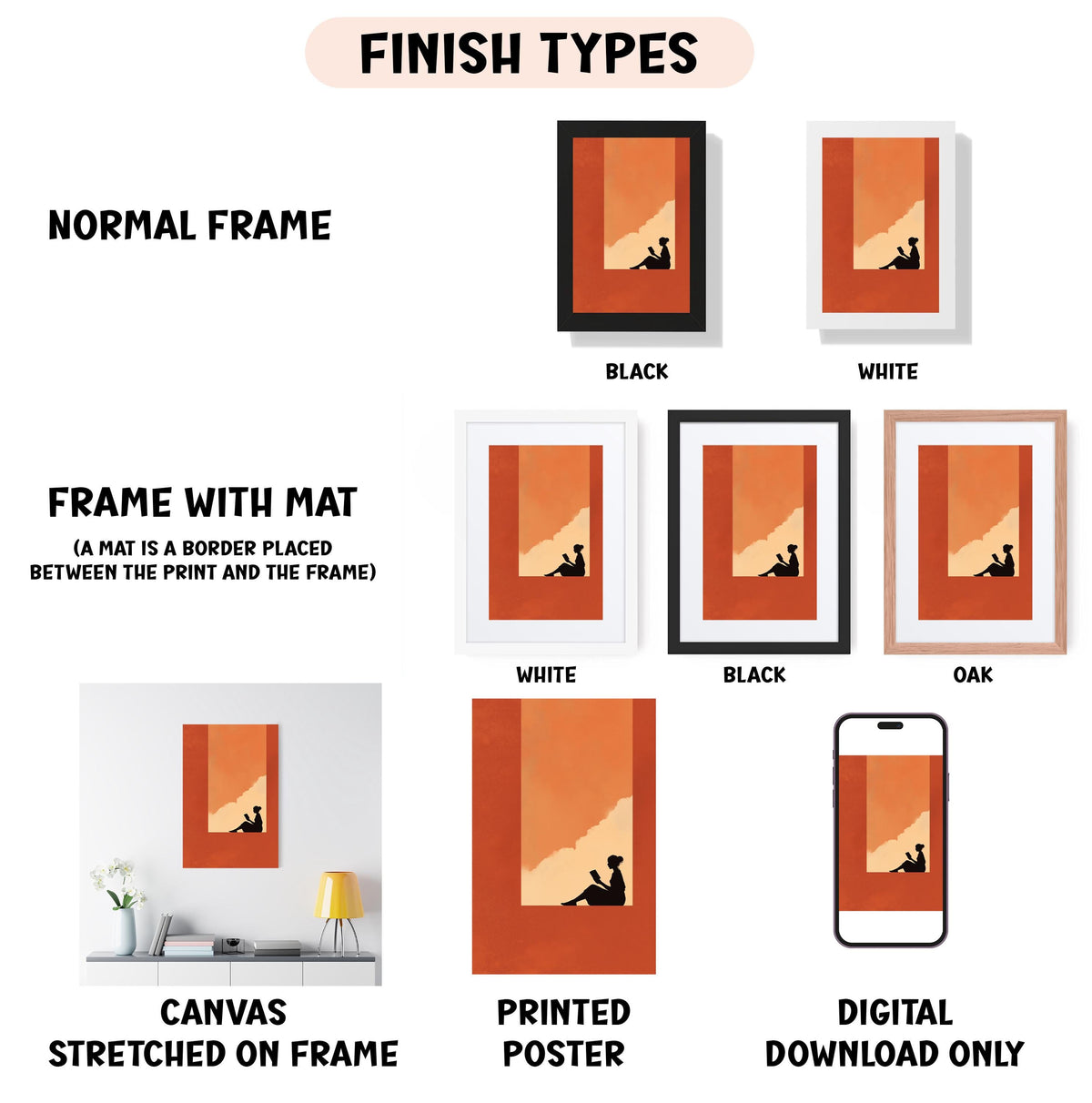 various finish types for artwork, including a normal frame, a frame with a mat, a white frame, a black frame, an oak frame, a white canvas stretched on a frame, a printed poster, and a digital download only.