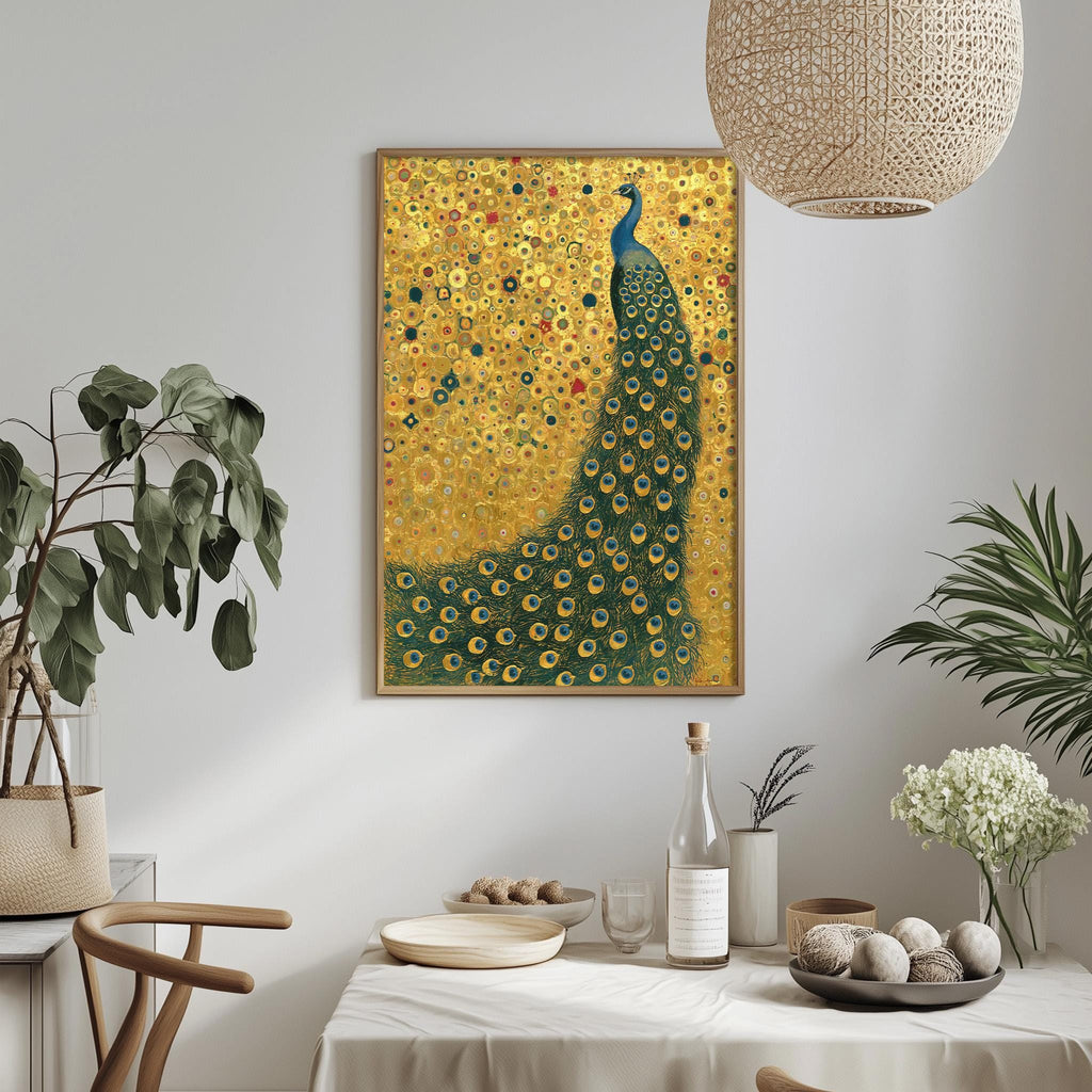 a dining table with a white tablecloth, a vase of white flowers, a bottle of wine, and a bowl of fruit. Above the table, there is a framed painting of a peacock with a yellow background and green and blue feathers.
