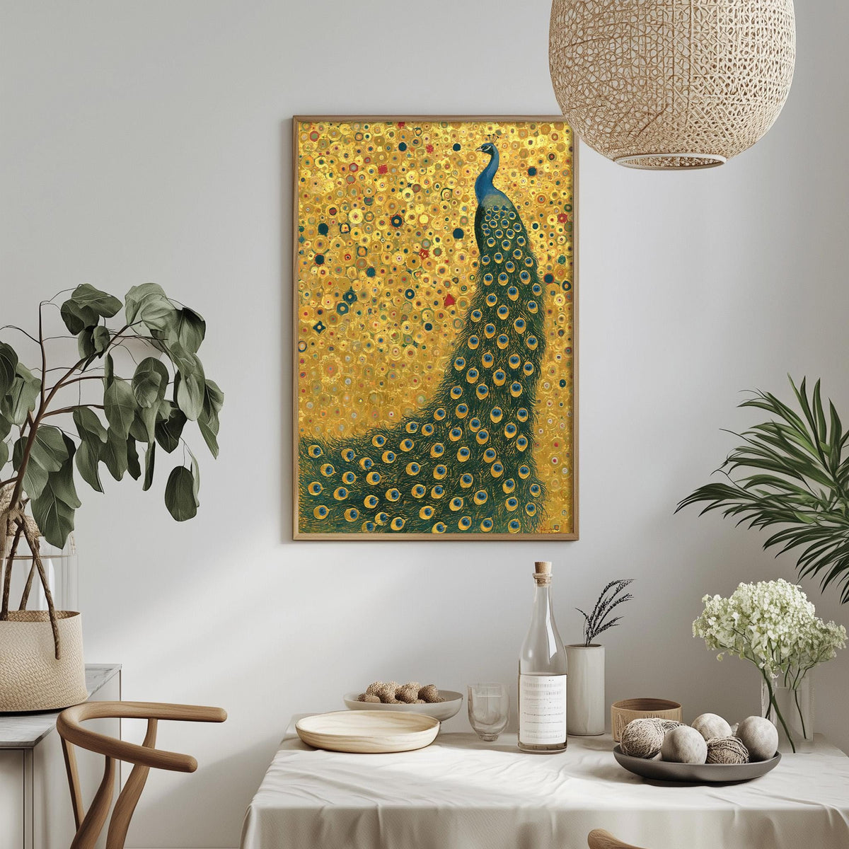 a dining table with a white tablecloth, a vase of white flowers, a bottle of wine, and a bowl of fruit. Above the table, there is a framed painting of a peacock with a yellow background and green and blue feathers.
