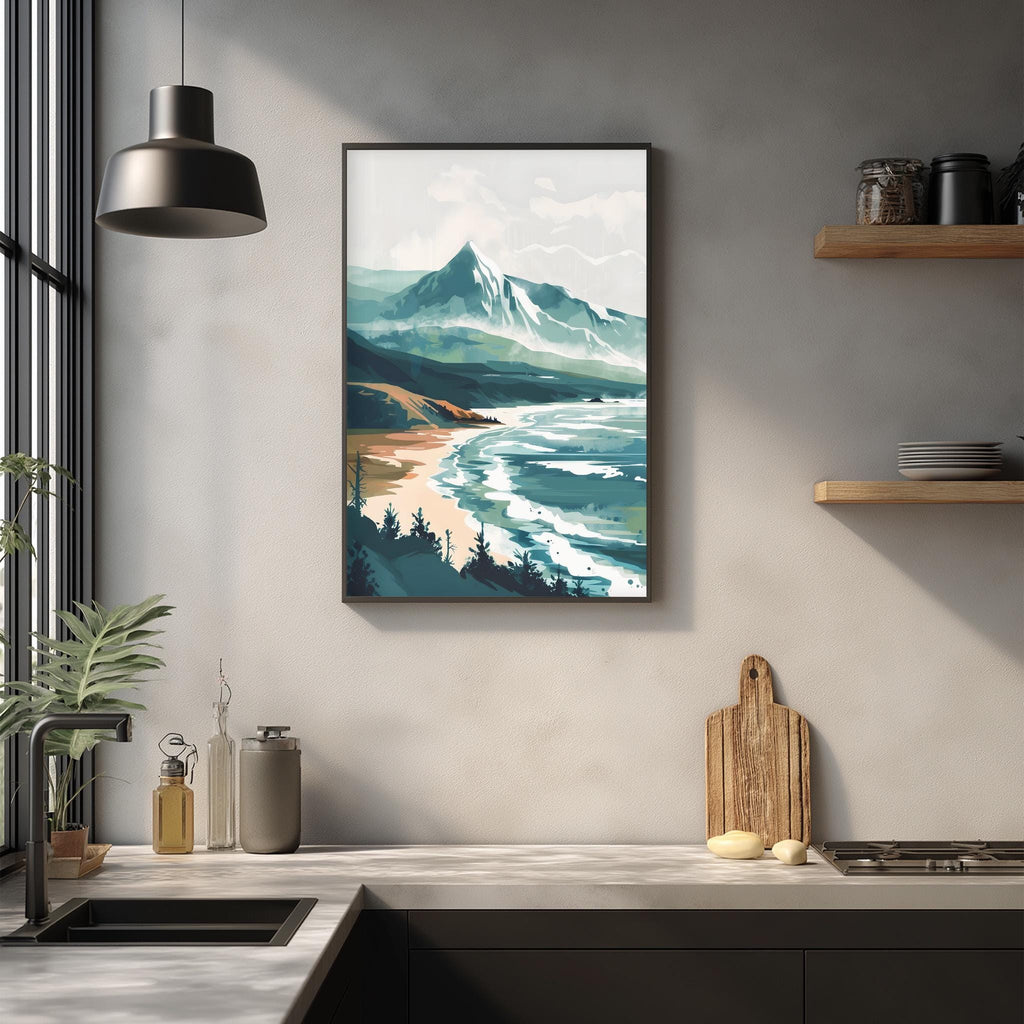 a kitchen counter with a framed landscape painting hanging above it, depicting a mountain and ocean scene. The kitchen counter also has various kitchen items such as a cutting board, a bottle, and a vase.