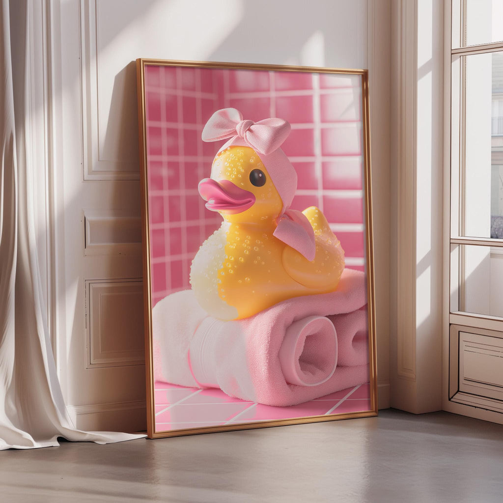 A framed image of a yellow rubber duck sitting on a pink towel, with a pink bow on its head, is displayed on a wall.