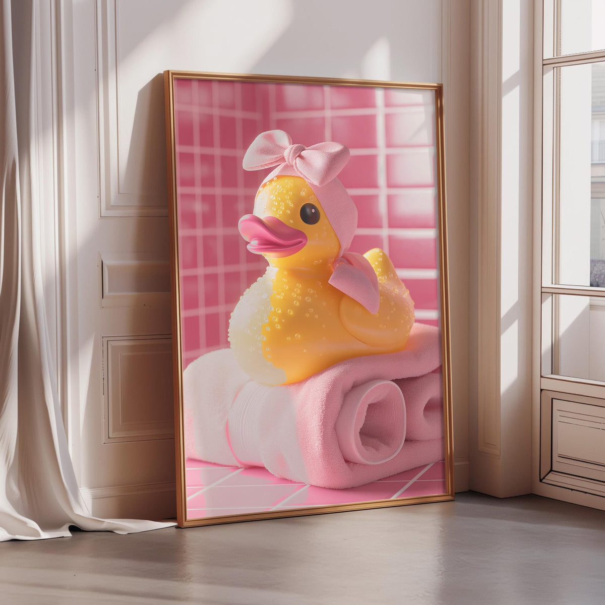 A framed image of a yellow rubber duck sitting on a pink towel, with a pink bow on its head, is displayed on a wall.