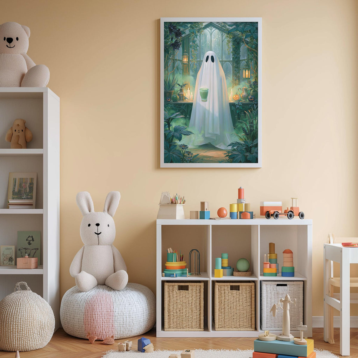 a cozy and colorful children's bedroom with a large framed picture of a ghost in the background, surrounded by various toys and storage containers.
