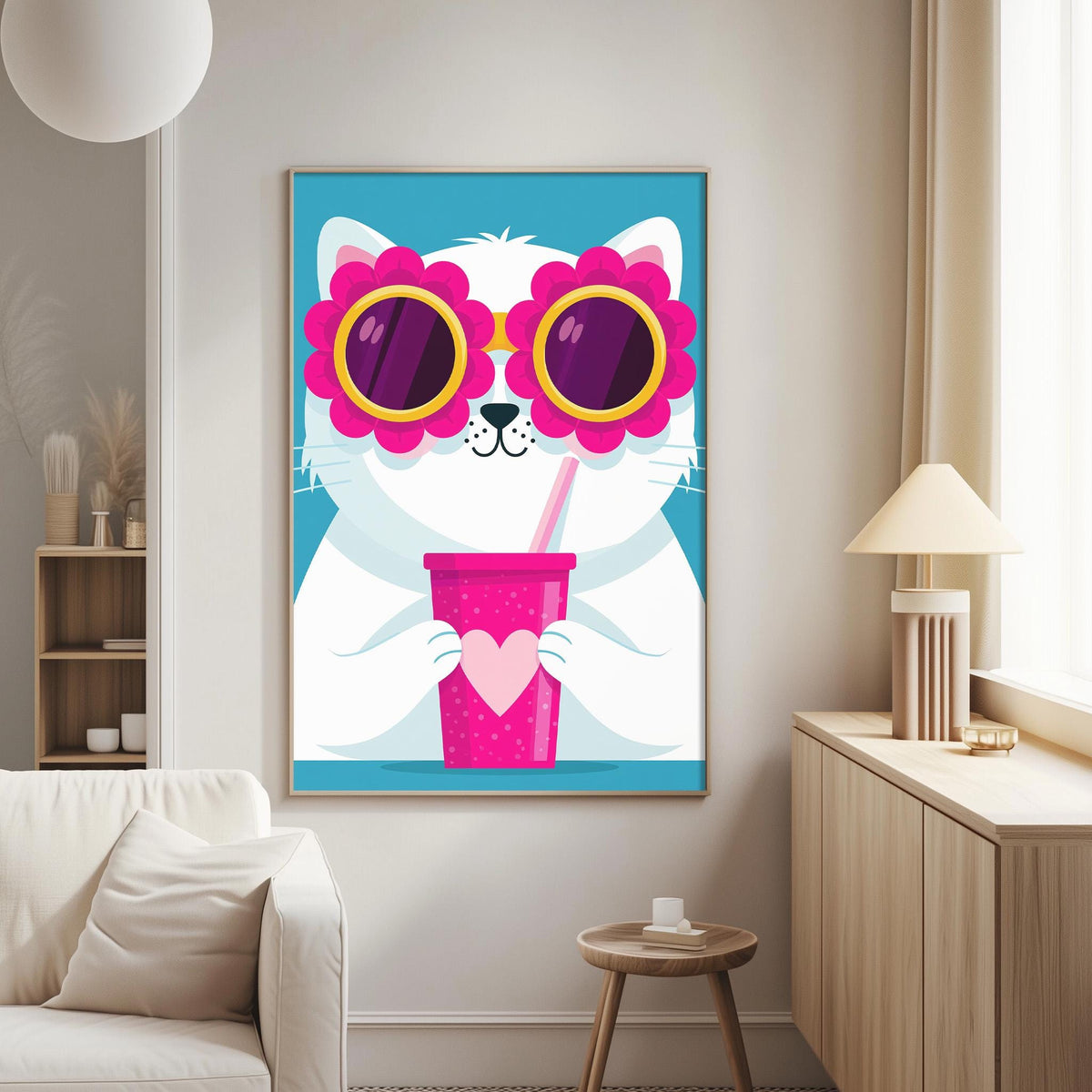 A white cat wearing pink sunglasses and holding a pink cup with a heart on it, set against a blue background.