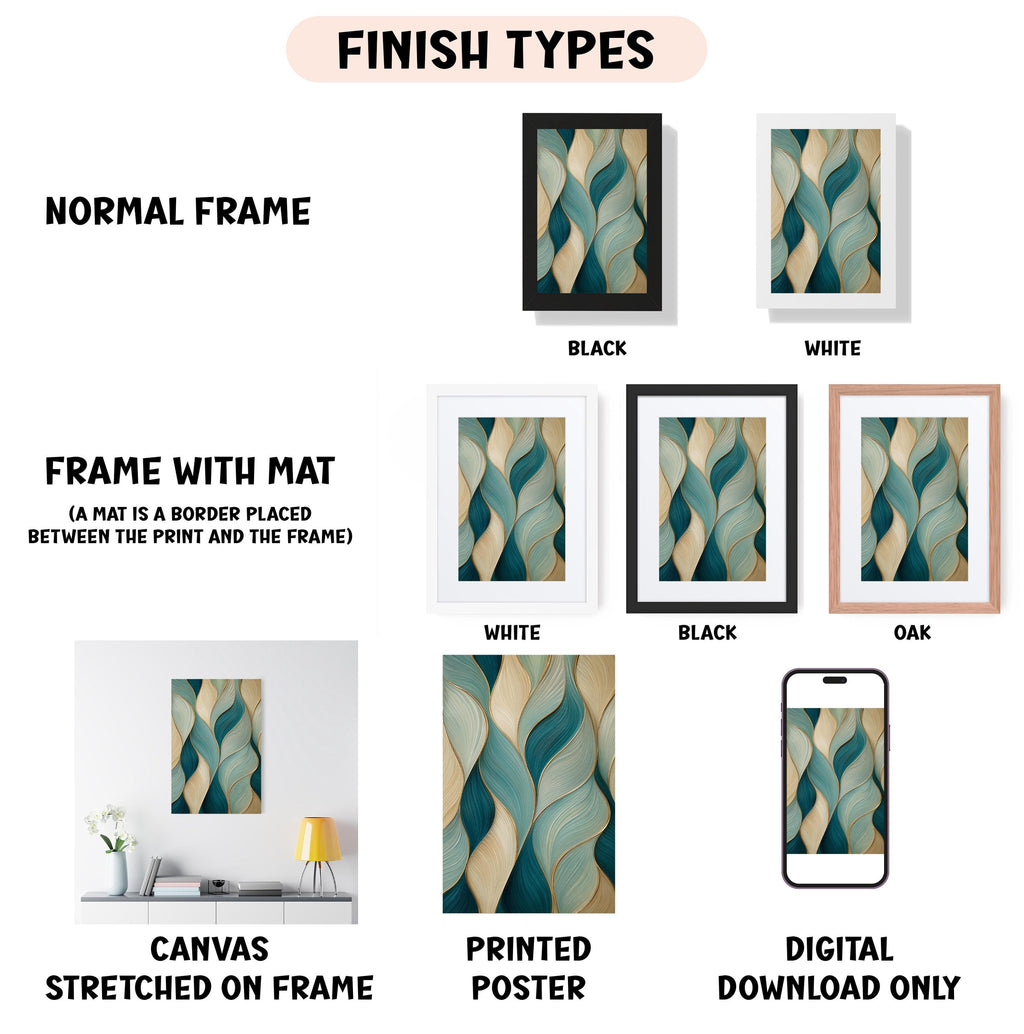 various finish types for artwork, including a normal frame, a frame with a mat, a white frame, a black frame, an oak frame, a white canvas stretched on a frame, a printed poster, and a digital download only.