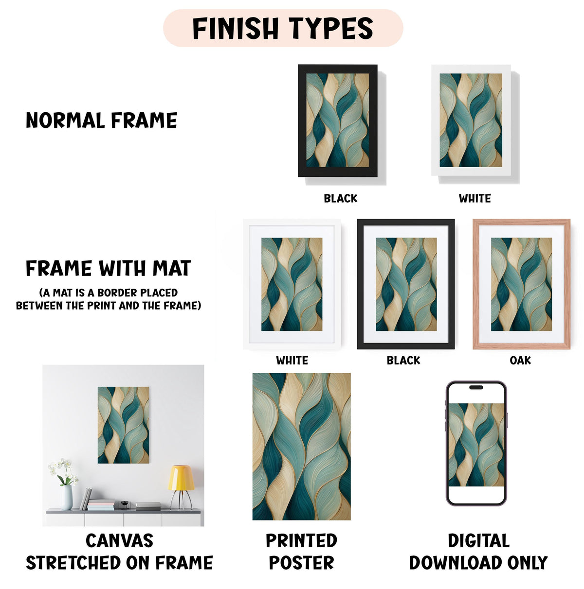 various finish types for artwork, including a normal frame, a frame with a mat, a white frame, a black frame, an oak frame, a white canvas stretched on a frame, a printed poster, and a digital download only.