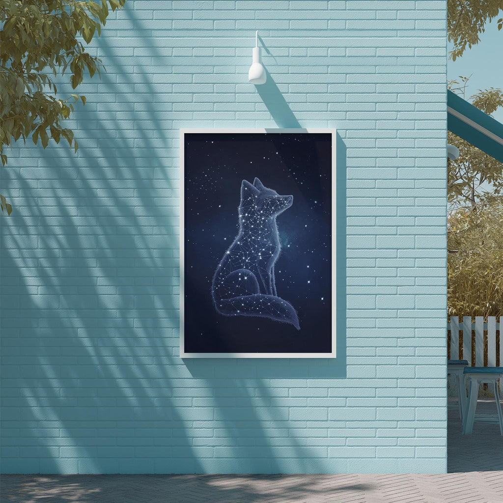a blue brick wall with a framed poster of a wolf-like creature against a starry night sky.