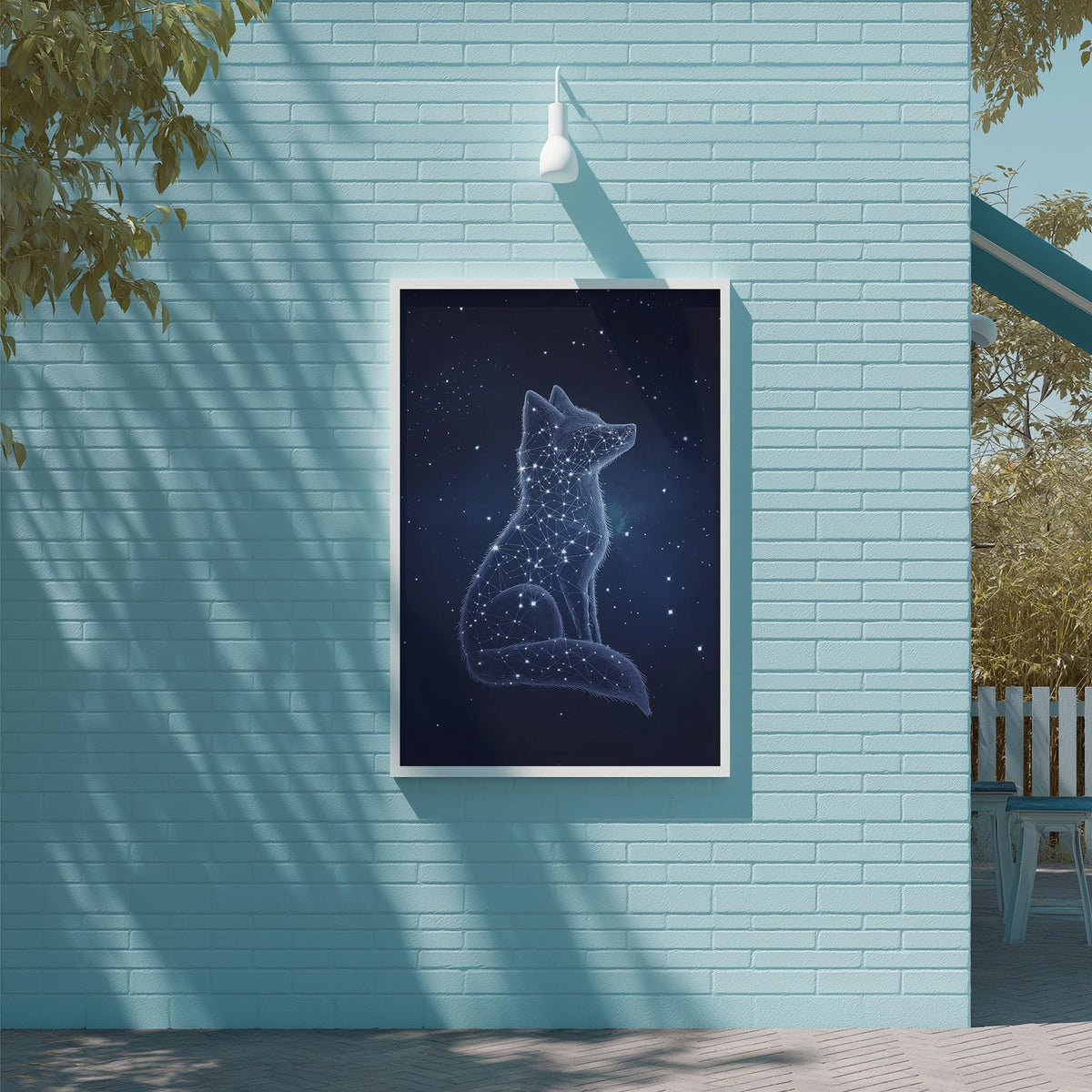 a blue brick wall with a framed poster of a wolf-like creature against a starry night sky.