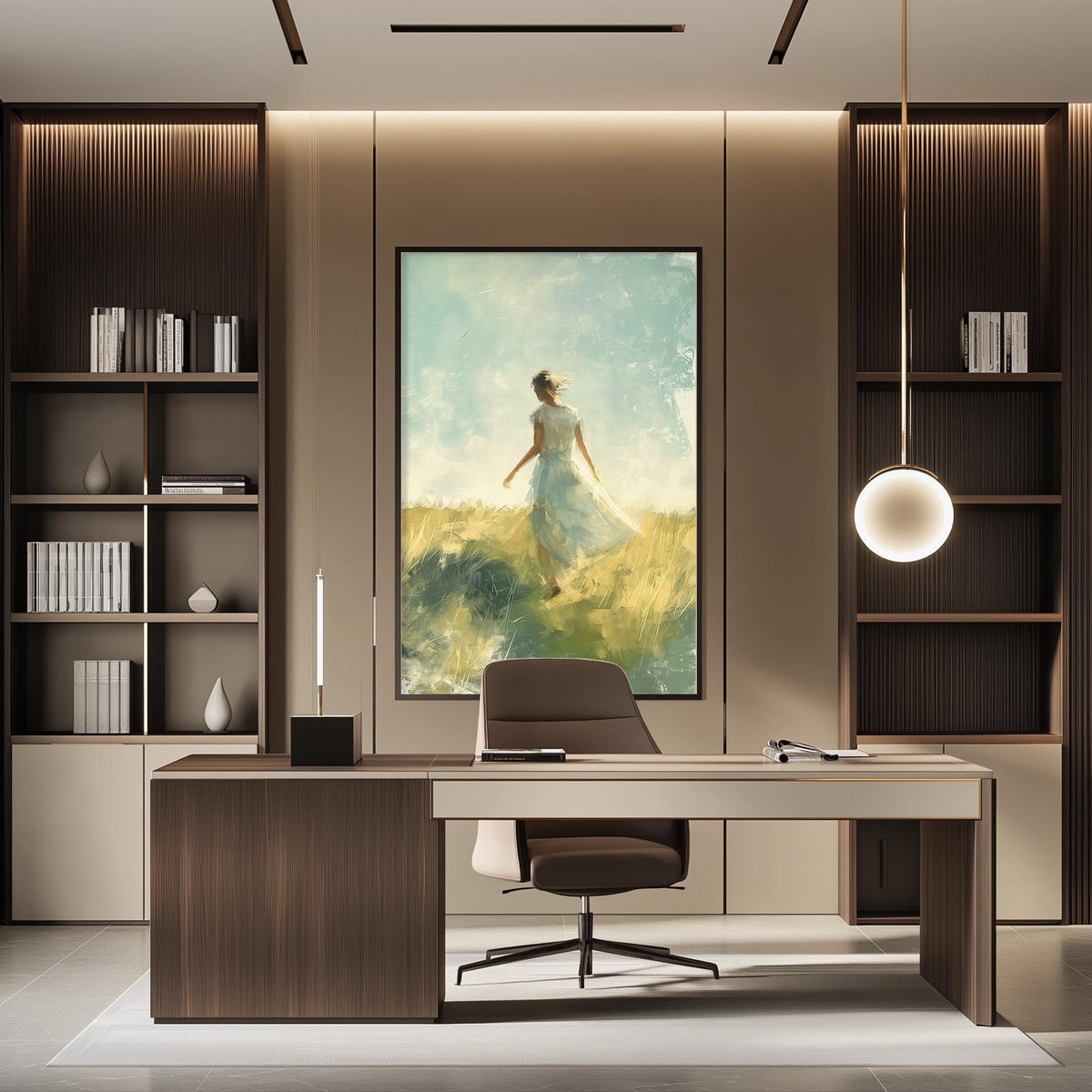 a modern and stylish office space with a large painting of a woman in a flowing dress hanging on the wall. The office features a wooden desk, a comfortable chair, and a bookshelf filled with books. The overall design and decor create a serene and inspiring atmosphere.