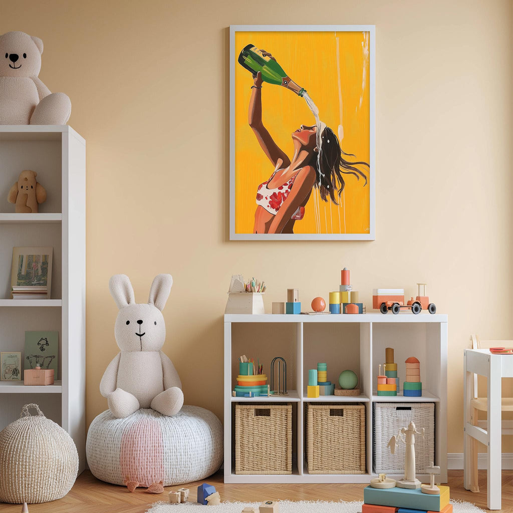 a child's bedroom with a white bookshelf, a stuffed rabbit, a colorful painting of a woman, and various toys and storage bins.